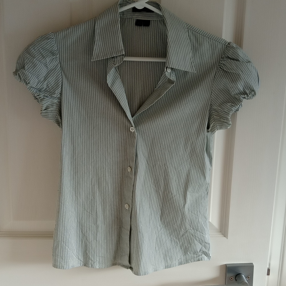 Theory Mint Green and White Pinstripe Short Sleeve Button-Down Shirt